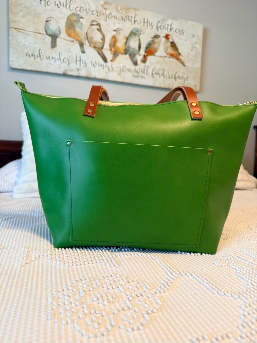 Green Apple Classic Large Leather Tote Bag with Tan Handles